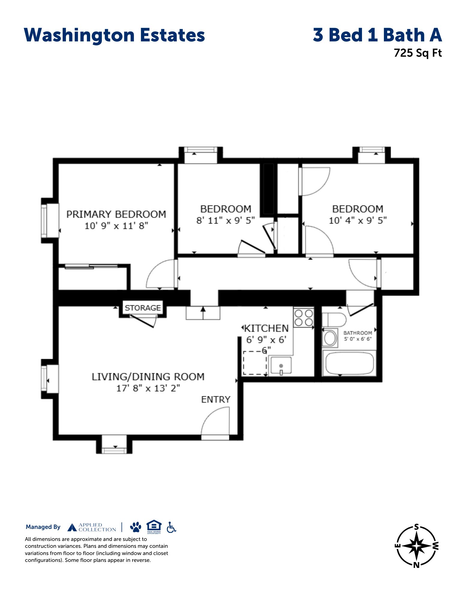 Floor plan for 3 beds, 1 bath, 725 sqft